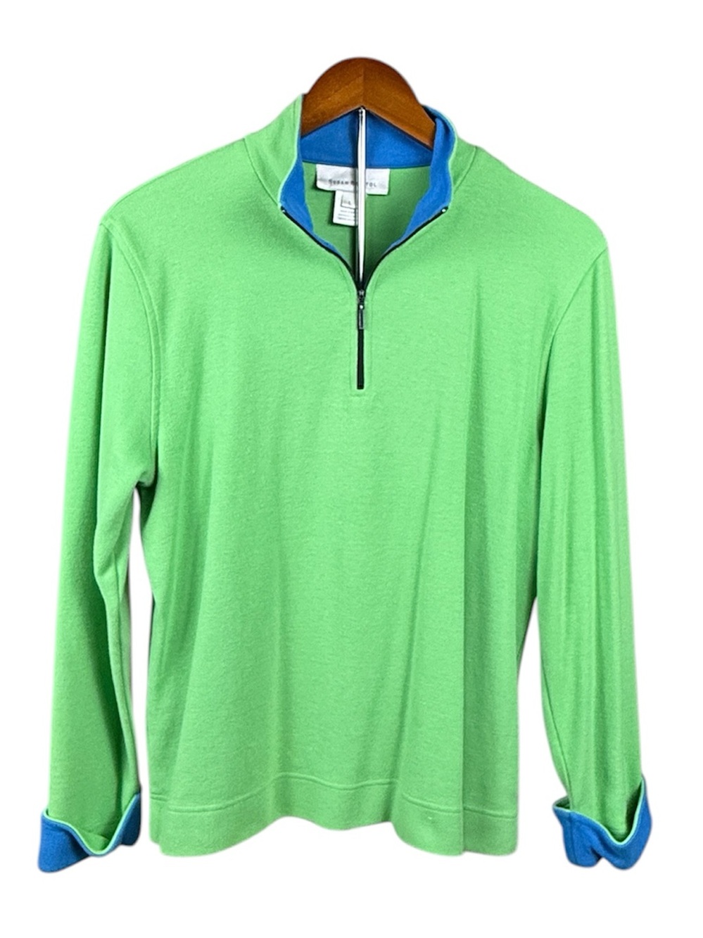 Susan Bristol 100% Cotton Pullover Zip Front Green Blue Size Large